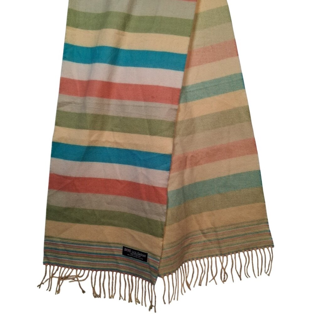 Cashmere Scarf Fringe Pastel Striped Yellow Salmon Blue Green Made in Scotland - Picture 4 of 8